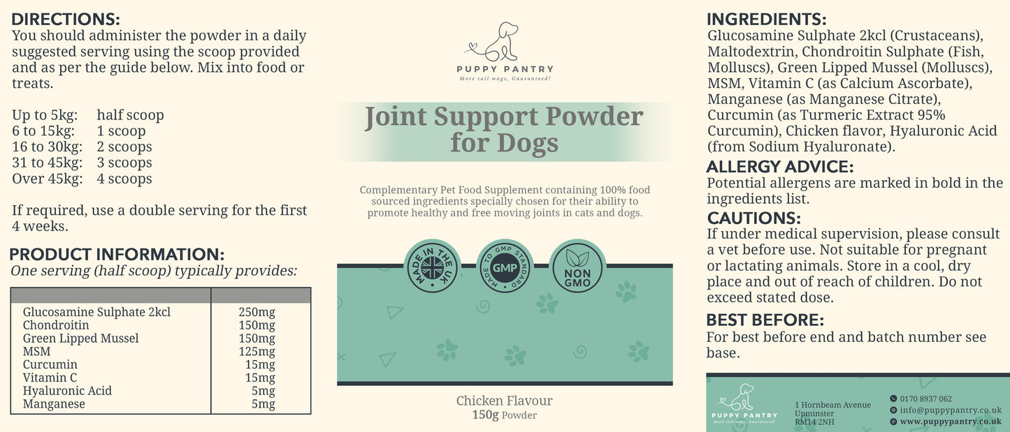 Joint Support Powder for Dogs - Glucosamine, Chondroitin, MSM Powder for Mobility & Comfort - All Ages - 150g Chicken Flavour - Puppy Pantry
