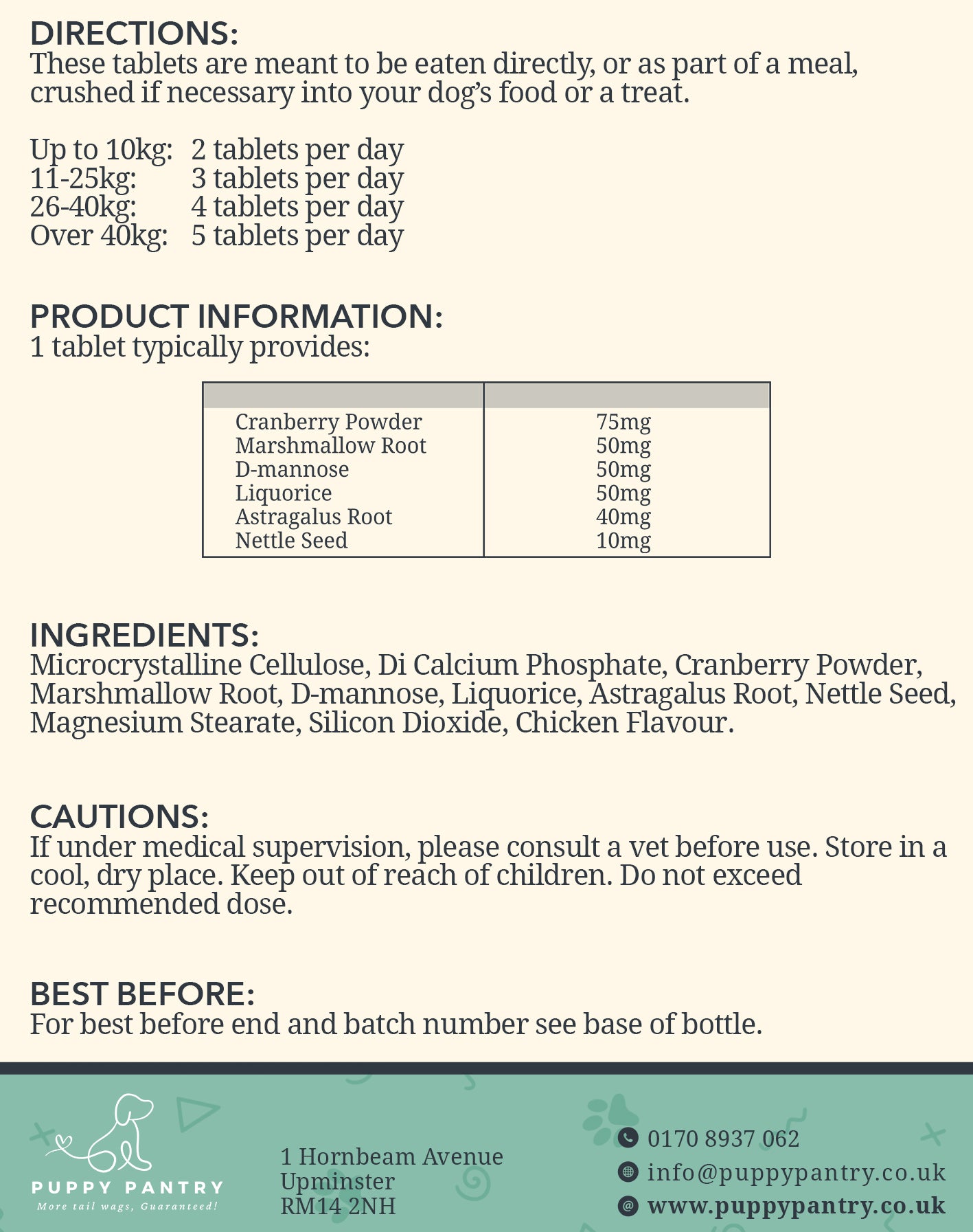 Dog Incontinence & UTI Support Tablets - Bladder Control, Kidney Support & Urinary Tract Health - Natural Supplements with Cranberry & D-Mannose - Puppy Pantry