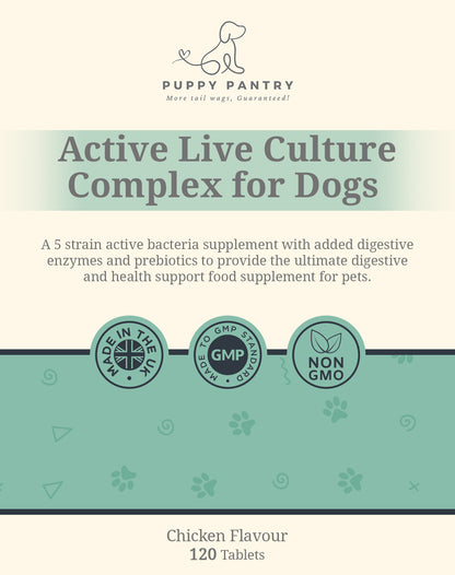 Puppy Pantry Gut Health Supplement for Dogs - Probiotics, Prebiotics, Enzymes - Chicken Flavor - 120 Tablets - Dog Digestive Support